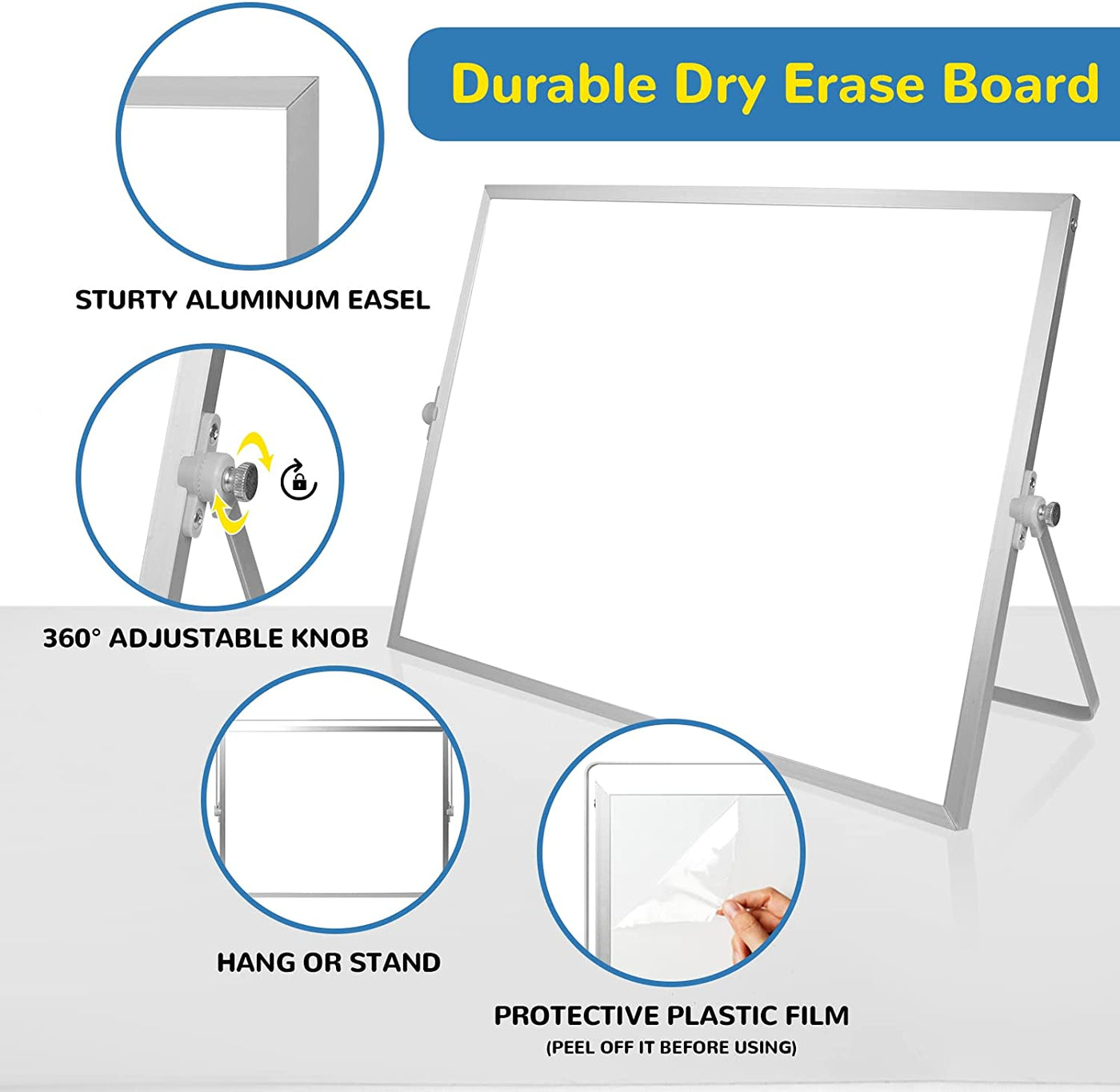 Dry Erase White Board, 16Inx12In Large Magnetic Desktop Whiteboard with Stand, 10 Markers, 4 Magnets, 1 Eraser, Portable Double-Sided White Board Easel for Kids Memo to Do List Desk School