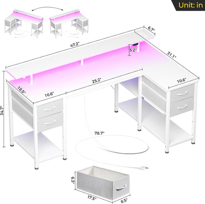L Shaped Computer Desk with Drawers 47.2 Inch, Gaming Desk with Power Outlets & LED Lights, Reversible Office Desk with Storage Shelves, Corner Desk with Monitor Stand White