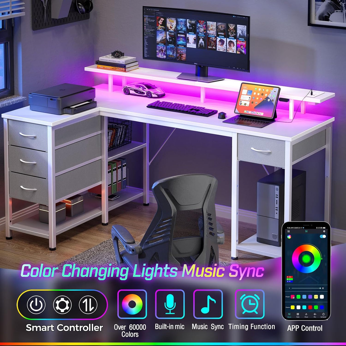 L Shaped Computer Desk with Drawers 47.2 Inch, Gaming Desk with Power Outlets & LED Lights, Reversible Office Desk with Storage Shelves, Corner Desk with Monitor Stand White