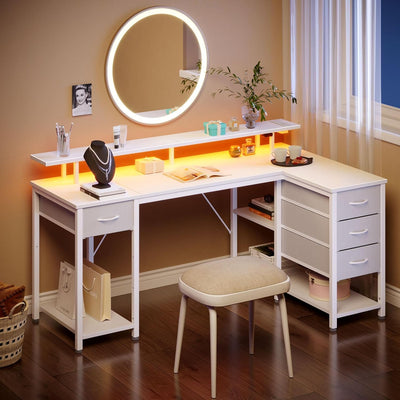 L Shaped Computer Desk with Drawers 47.2 Inch, Gaming Desk with Power Outlets & LED Lights, Reversible Office Desk with Storage Shelves, Corner Desk with Monitor Stand White