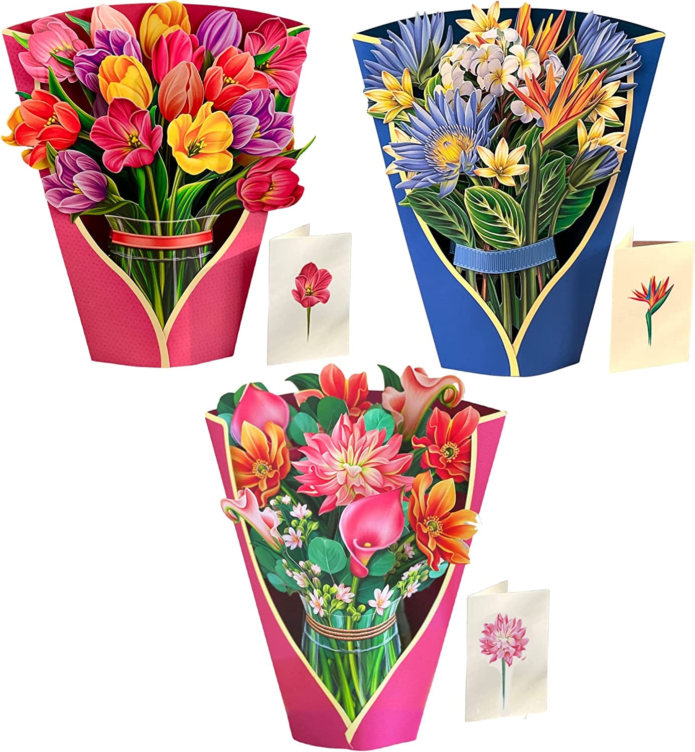 Pop up Cards, 3 Pack - Everyday Appreciation, Three (3), 12 Inch Life Sized Forever Flower Bouquet 3D Popup Paper Flower Greeting Cards with Note Card and Envelope