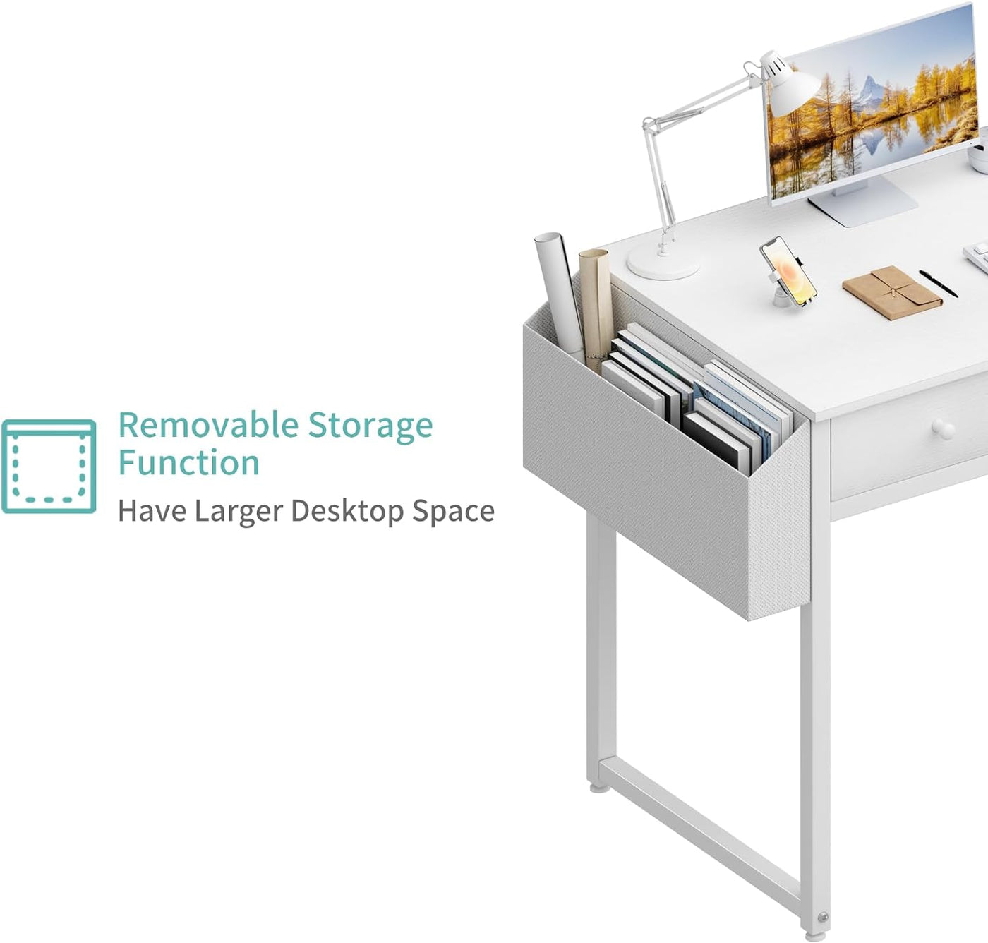 Small White Desk with Drawers - for Bedroom, 32 Inch Home Office Computer Desk with Fabric Storage Drawer and Bag, Study Writing Table for Small Spaces, White