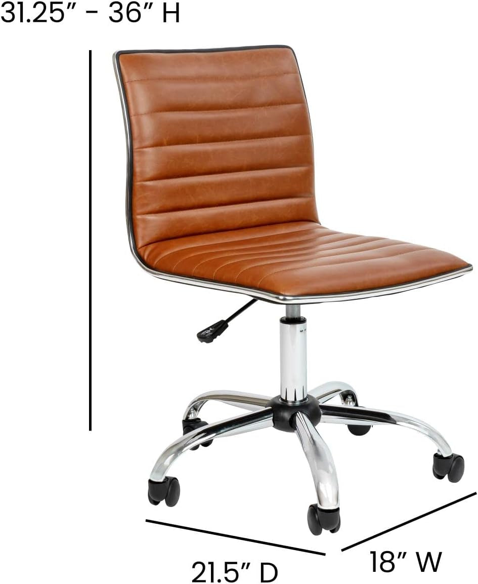 Alan Office Task Chair - Brown Vinyl - Chrome Frame - Armless - Ribbed Back and Seat - Low Back Design