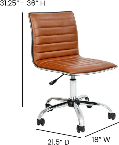 Alan Office Task Chair - Brown Vinyl - Chrome Frame - Armless - Ribbed Back and Seat - Low Back Design