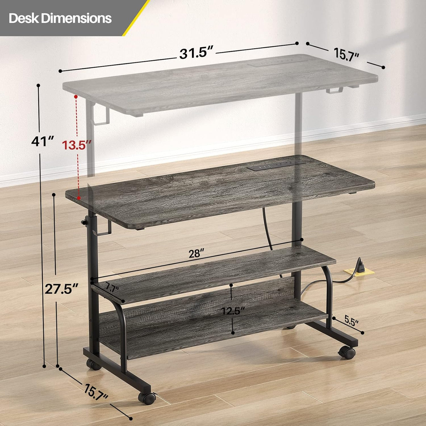 Height Adjustable Standing Desk with Power Outlets, 32" Manual Stand up Desk with Storage Shelves Small Mobile Rolling Computer Desk Portable Laptop Table with Wheels for Home Office, Grey Oak