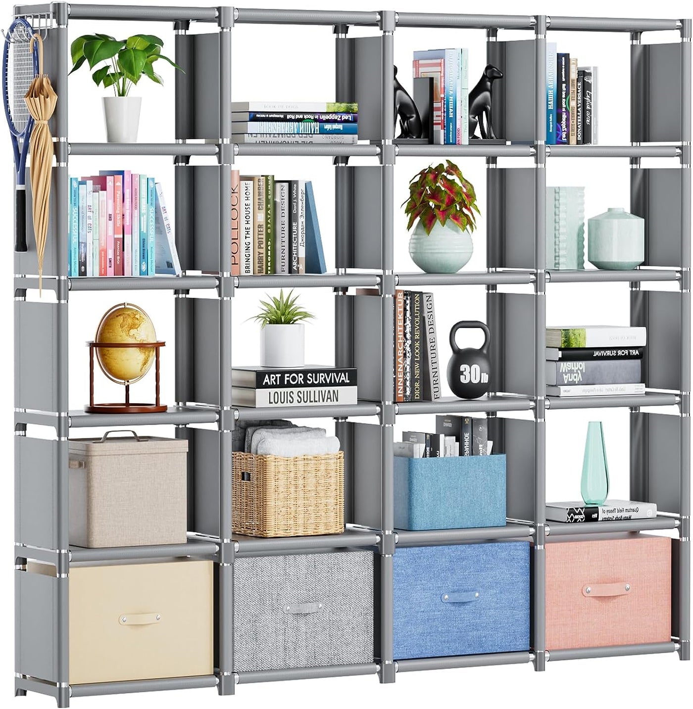 Book Shelf, 20 Cube Storage Organizer, DIY Bookcase, Metal Cube Bookshelf,Tall Book Case for Bedroom, Living Room,Office,Closet Storage Organizer, Grey Cubicle Storage Rack