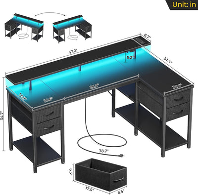 L Shaped Computer Desk with Drawers 47.2 Inch, Gaming Desk with Power Outlets & LED Lights,Reversible Office Desk with Storage Shelves, Corner Desk with Monitor Stand for Black