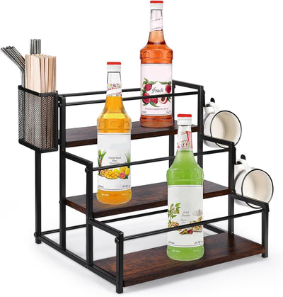 Coffee Syrup Rack Organizer, 3 Tier Syrup Bottle Holder Stand for Coffee Bar, 12 Bottles Storage Shelves with Basket and Hooks for Syrup, Wine, Dressing for Kitchen Coffee Station