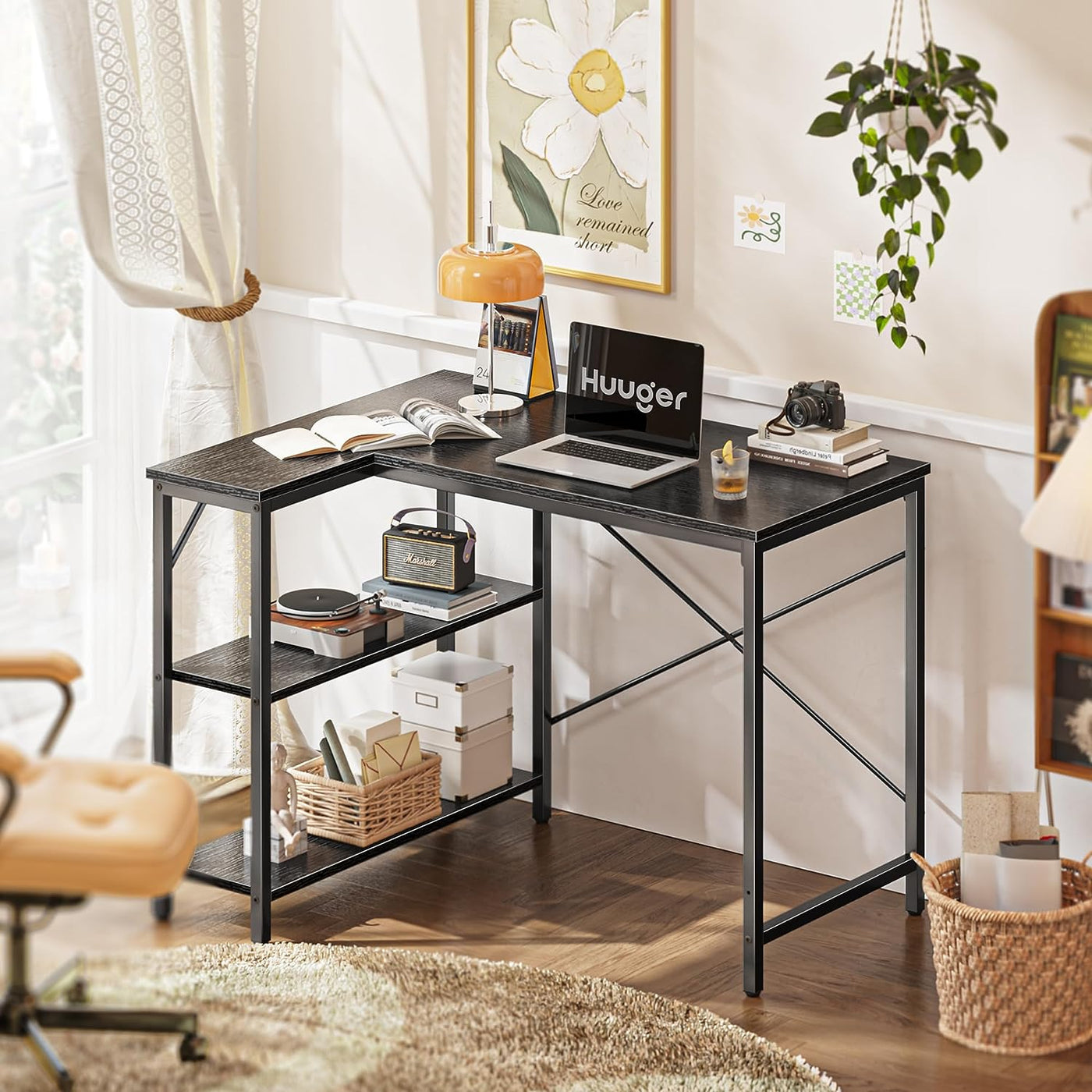 L Shaped Desk, 39 Inches Computer Desk with Reversible Storage Shelves, Gaming Desk, Corner Desk Home Office Desks, Writing Desk Study Desk with Metal Frame, Black