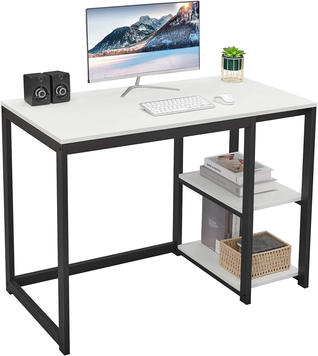 Computer Desk 40 Inches with 2-Tier Shelves Sturdy Home Office Desk with Large Storage Space Modern Gaming Desk Study Writing Laptop Table, White Desk