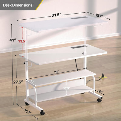 Height Adjustable Standing Desk with Power Outlets, 32" Manual Stand up Desk with Storage Shelves Small Mobile Rolling Computer Desk Portable Laptop Table with Wheels for Home Office, White