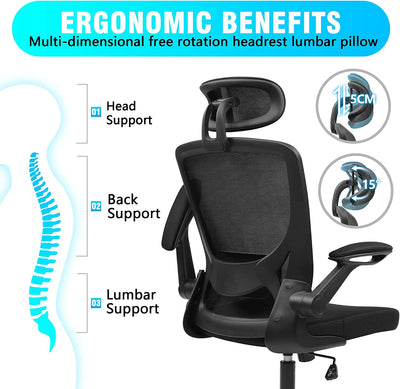 Ergonomic Office Chair, Breathable Mesh Desk Chair with Headrest and Flip-Up Arms for Office,Gaming,Computer Lumbar Support Swivel Task Chair, Adjustable Height,Black