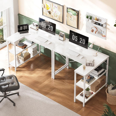 L Shaped Desk, 39 Inches Computer Desk with Reversible Storage Shelves, Gaming Desk, Corner Desk Home Office Desks, Writing Desk Study Desk with Metal Frame, White