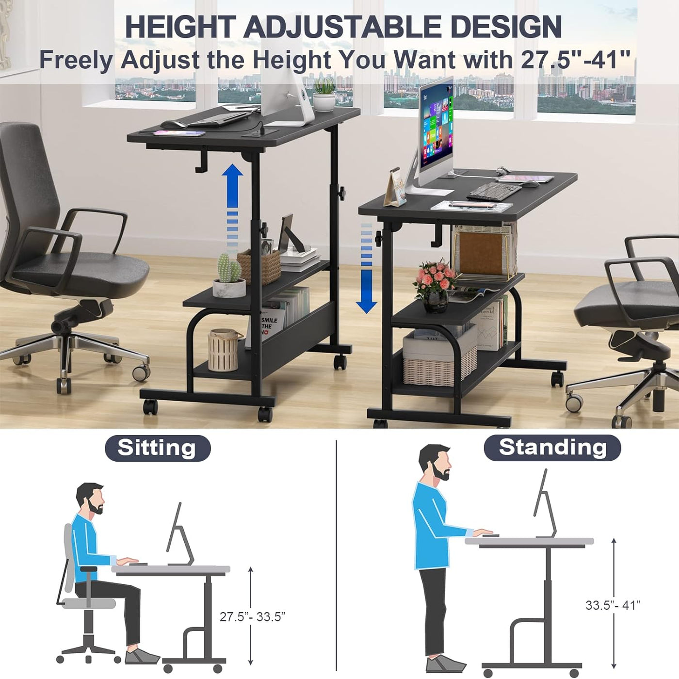 Height Adjustable Standing Desk with Power Outlets, 32" Manual Stand up Desk with Storage Shelves Small Mobile Rolling Computer Desk Portable Laptop Table with Wheels for Home Office, Black