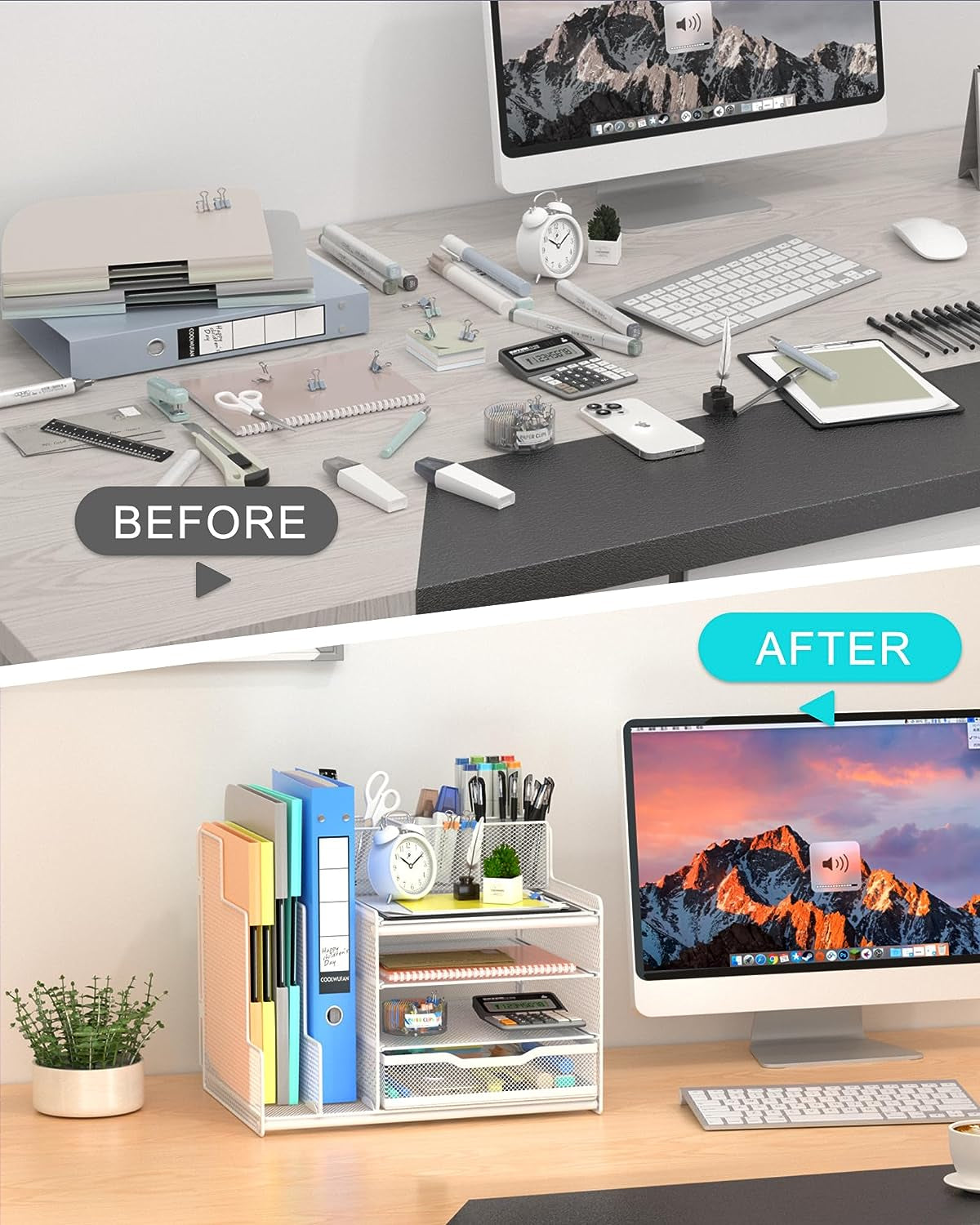 Desk Organizer with Mesh File Holder, 4-Tier Office Supplies Desk Accessories with Sliding Drawers & Pen Holder, Desk File Storage for Office, School, Home, White
