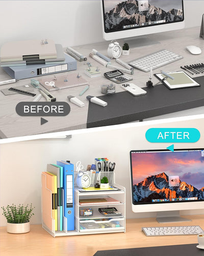 Desk Organizer with Mesh File Holder, 4-Tier Office Supplies Desk Accessories with Sliding Drawers & Pen Holder, Desk File Storage for Office, School, Home, White