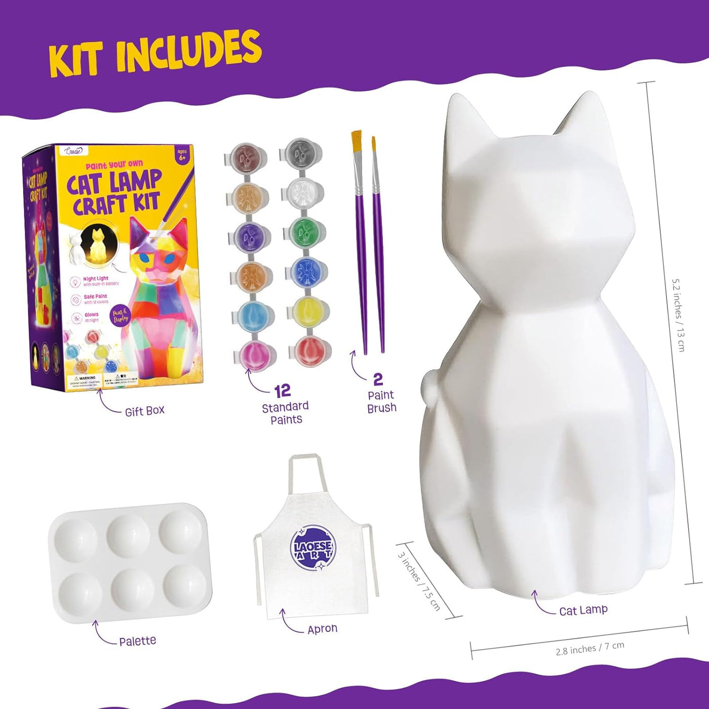 Paint Your Own Cat Lamp Kit, Art Supplies Arts & Crafts Kit, Painting Kit for Kids 6-12, Arts and Crafts for Kids Ages 8-12, Toys Girls Boy Birthday Gift Ages 3 4 5 6 7 8 9 10 11 12+