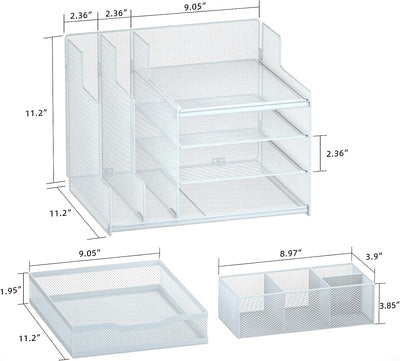 Desk Organizer with Mesh File Holder, 4-Tier Office Supplies Desk Accessories with Sliding Drawers & Pen Holder, Desk File Storage for Office, School, Home, White