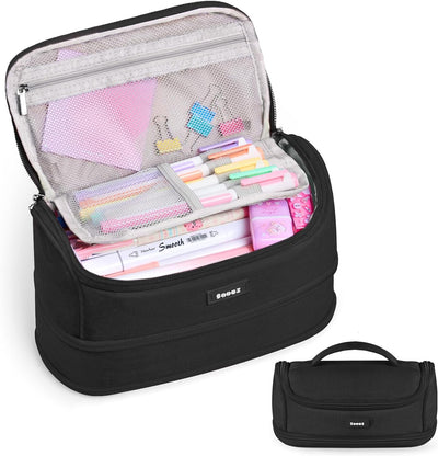 Super Large Pencil Case, Expandable Extra Big Capacity Pencil Pouch Pen Holder Box Organizer, Portable High Capacity Stationery Bag, Cute Aesthetic School Supplies for Teen Girls, Office, Black