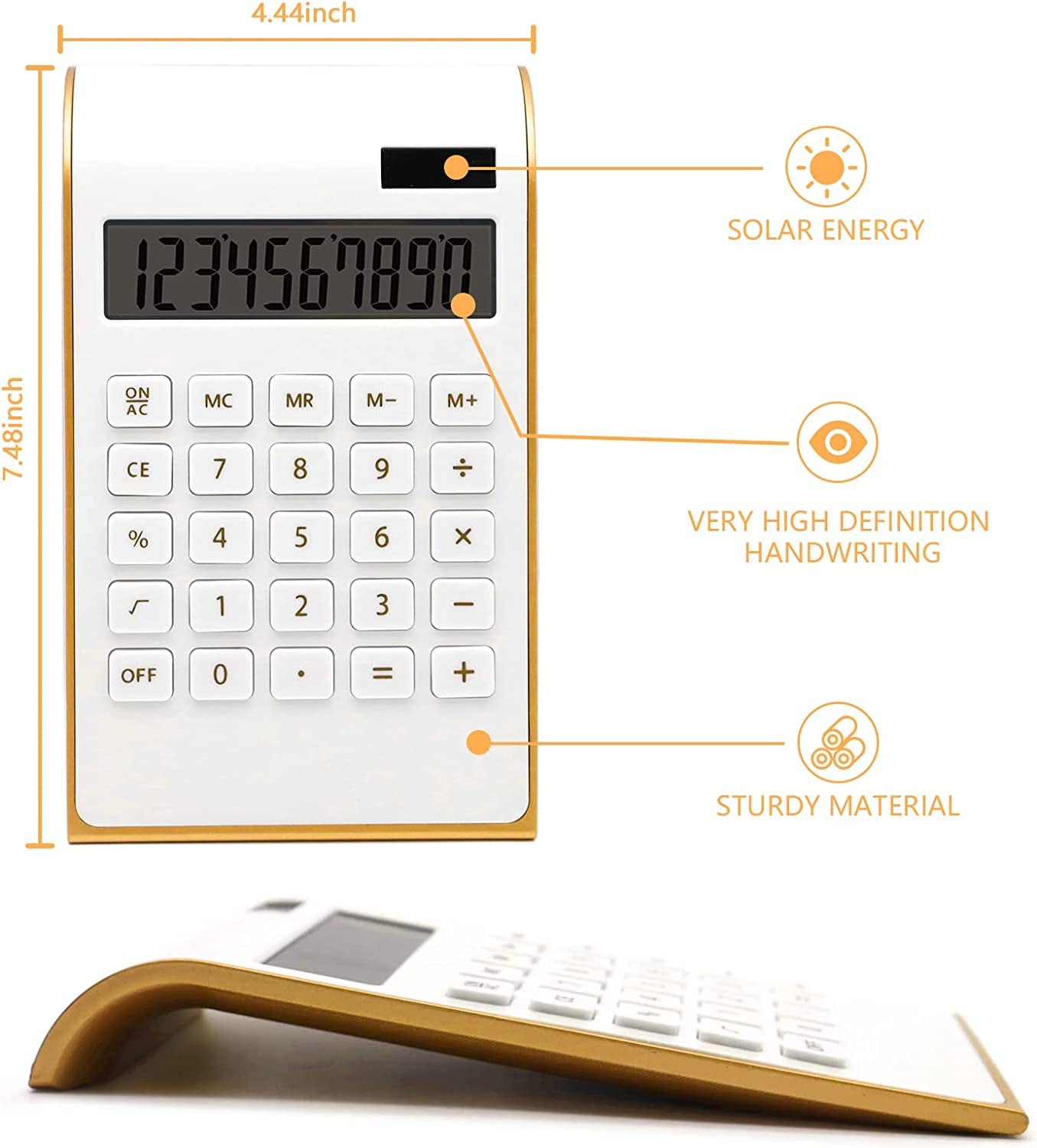 Gold Calculator, 10 Digits Solar Battery Basic, Dual Powered Desktop Calculator, Tilted LCD Display, Inclined Design Slim Desk Calculator