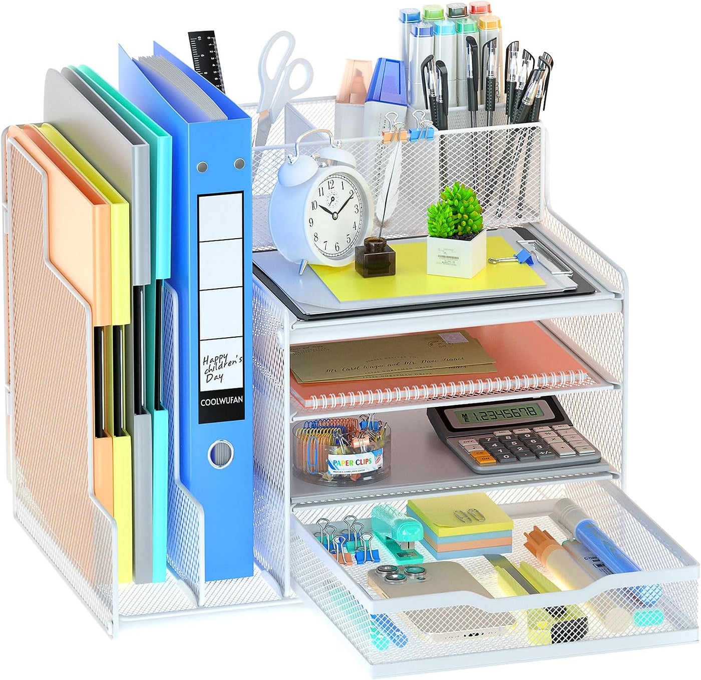 Desk Organizer with Mesh File Holder, 4-Tier Office Supplies Desk Accessories with Sliding Drawers & Pen Holder, Desk File Storage for Office, School, Home, White