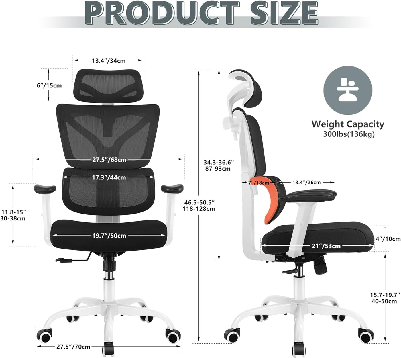 Office Chair Ergonomic Desk Chair, High Back Gaming Chair, Big and Tall Reclining Chair Comfy Home Office Desk Chair Lumbar Support Breathable Mesh Computer Chair Adjustable Armrests(W-Orange)