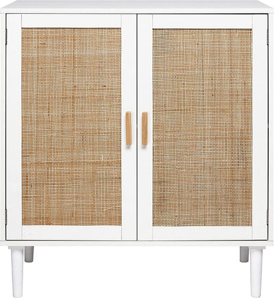 Sideboard Buffet Storage Liquor Cabinet with Rattan Decorated Doors, Kitchen, Dining Room, Hallway, Cupboard Console Table, Accent Cabinet, 31.5X 15.8X 34.6 Inches, White