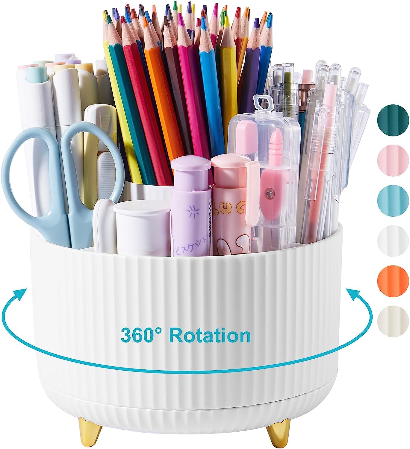 Desk Pencil Pen Holder, 5 Slots 360 Degree Rotating Desk Pen Organizers for Desk Desktop Storage Stationery Supplies Cup Pot for Office School Home Art Supply White