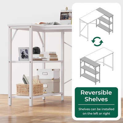 L Shaped Desk, 39 Inches Computer Desk with Reversible Storage Shelves, Gaming Desk, Corner Desk Home Office Desks, Writing Desk Study Desk with Metal Frame, White
