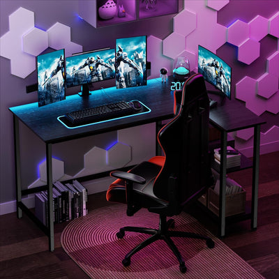 L Shaped Computer Desk - Home Office Desk with Shelf, Gaming Desk Corner Table for Work, Writing and Study, Space-Saving, Black