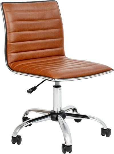 Alan Office Task Chair - Brown Vinyl - Chrome Frame - Armless - Ribbed Back and Seat - Low Back Design