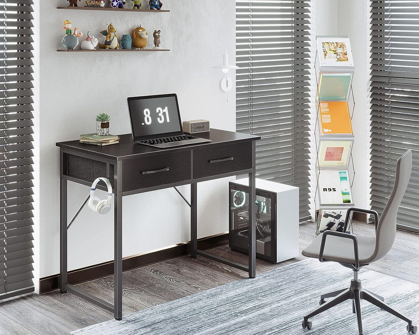 Small Desk with Fabric Drawers- for Bedroom, White Study Desk with Storage, Home Office Computer Desk for Small Spaces, 32 Inch Modern Work Writing Kids Table, Black