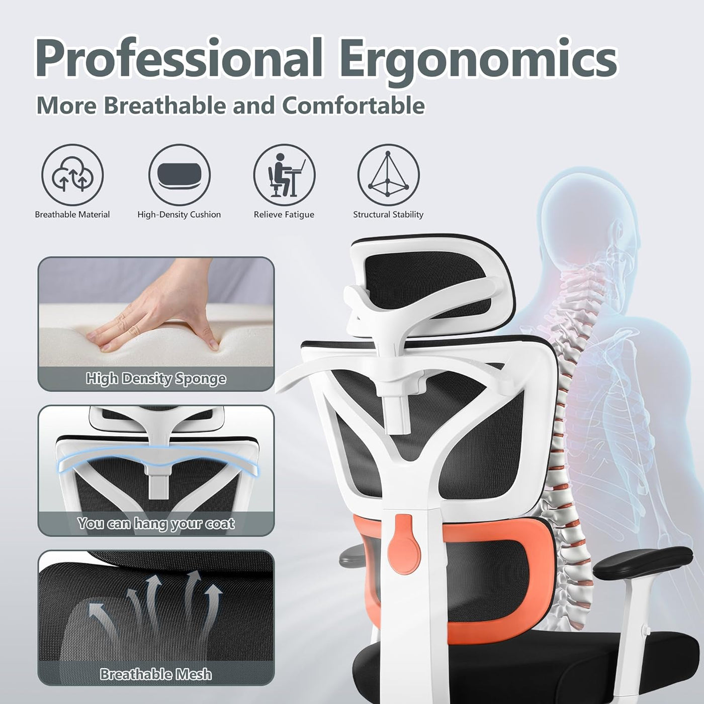 Office Chair Ergonomic Desk Chair, High Back Gaming Chair, Big and Tall Reclining Chair Comfy Home Office Desk Chair Lumbar Support Breathable Mesh Computer Chair Adjustable Armrests(W-Orange)