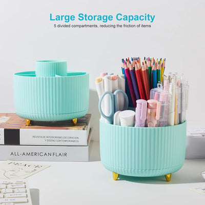 Desk Pencil Pen Holder, 5 Slots 360 Degree Rotating Pencil Pen Organizers for Desk Desktop Storage Stationery Supplies Organizer Cute Pen Cup for Office School Home Art Supply Mint Green