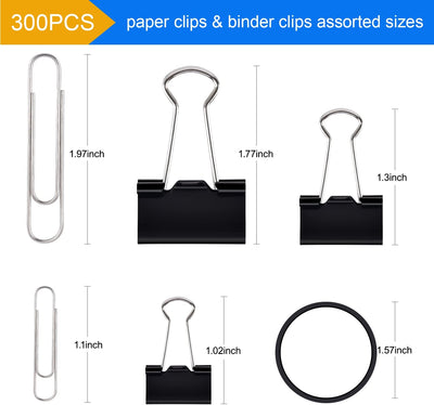 Binder Clips Paper Clips,  300Pcs Office Clips Set with Paper Clamps Paperclips Rubber Bands for Office and School Supplies, Assorted Sizes Black