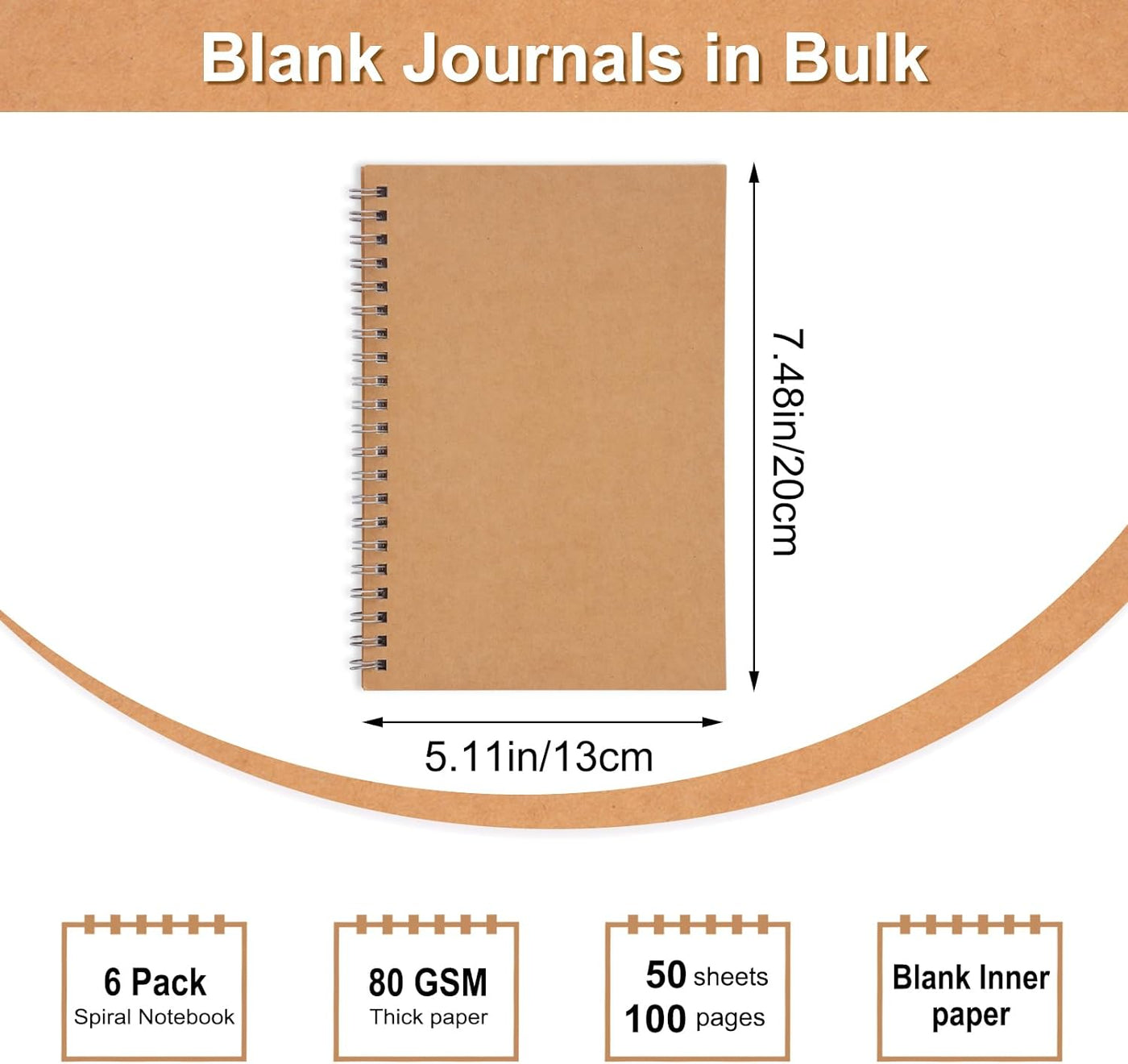 6 Pack Spiral Notebook Blank Notebook Bulk, 7.48 X 5.11 Inch Soft Kraft Cover Journal Sketchbook, 100 Pages/ 50 Sheets for Students Office Business