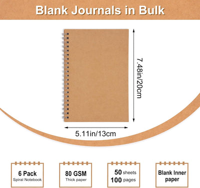 6 Pack Spiral Notebook Blank Notebook Bulk, 7.48 X 5.11 Inch Soft Kraft Cover Journal Sketchbook, 100 Pages/ 50 Sheets for Students Office Business