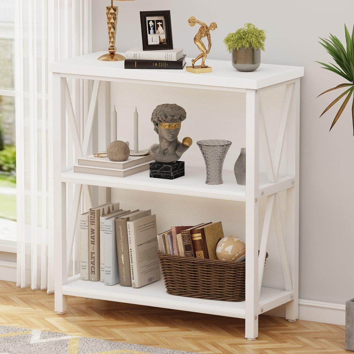 Small Bookcase, Bookshelf for Small Space, Short Rustic Bookshelf, Wood and Metal Book Case and Book Shelf (White Oak)