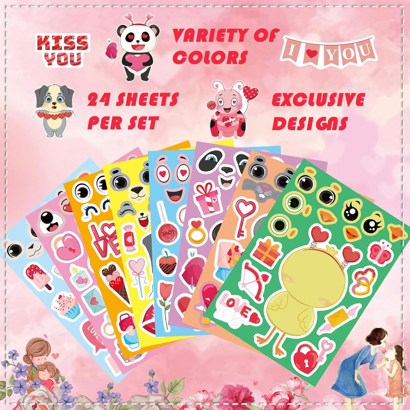 24 Sheets Valentine Stickers for Kids, Valentines Crafts Heart Love Sticker Make a Face Stickers, Make Your Own Animal Stickers Valentines Gifts for Kids Classroom Valentine Goodie Bags Party Favors