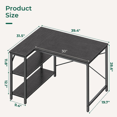 L Shaped Desk, 39 Inches Computer Desk with Reversible Storage Shelves, Gaming Desk, Corner Desk Home Office Desks, Writing Desk Study Desk with Metal Frame, Black