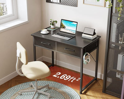 Small Desk with Fabric Drawers- for Bedroom, White Study Desk with Storage, Home Office Computer Desk for Small Spaces, 32 Inch Modern Work Writing Kids Table, Black