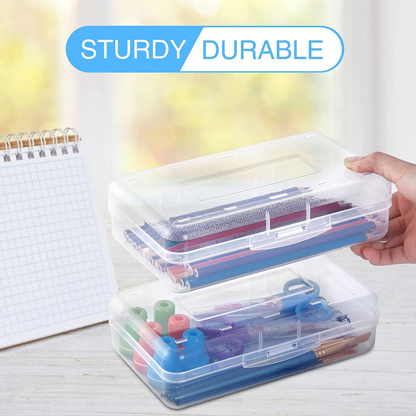 3 Pack Clear Pencil Box, Plastic Large Capacity Pencil Boxes Plastic Boxes with Snap-Tight Lid, Office Supplies Storage Organizer Box, Stackable Design and Stylish
