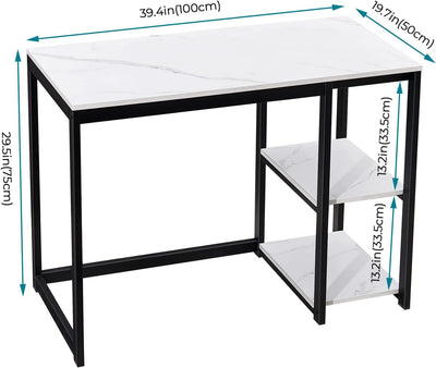 Computer Desk 40 Inches with 2-Tier Shelves Sturdy Home Office Desk with Large Storage Space Modern Gaming Desk Study Writing Laptop Table, Black Marbling (White Marble, 40 Inch)