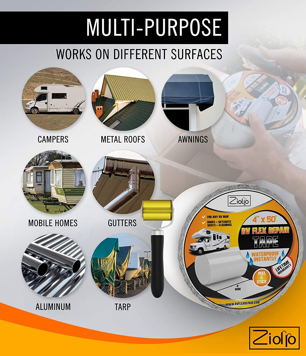 RV Flex Repair Tape - Roof Seam Tape to Seal and Waterproof, Bond to EPDM Rubber with Butyl Sealant, Seal Vents and Skylights on Motorhomes, Trailers, Campers (White, 4-Inch X 50 Foot Roll)