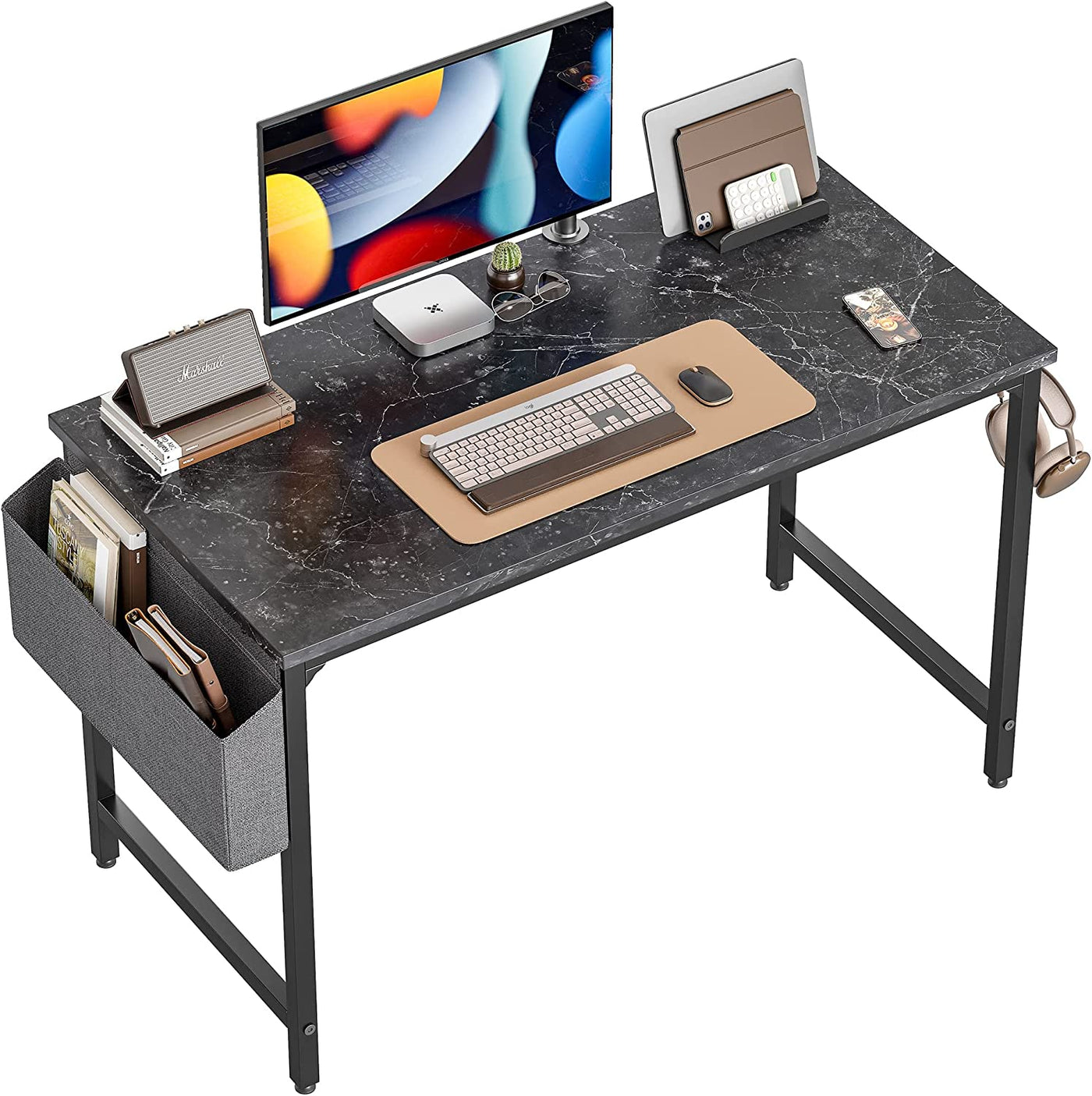 Computer Desk 47 Inch Study Writing Table for Home Office, Modern Simple Style PC Table with Storage Bag, Black Marble