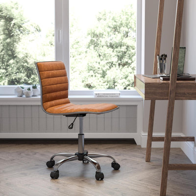 Alan Office Task Chair - Brown Vinyl - Chrome Frame - Armless - Ribbed Back and Seat - Low Back Design