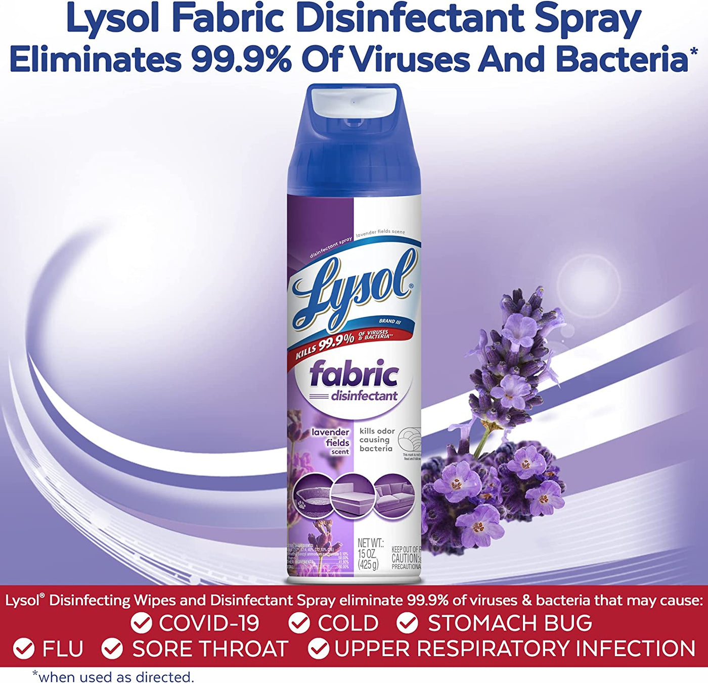 Fabric Disinfectant Spray, Sanitizing and Antibacterial Spray, for Disinfecting and Deodorizing Soft Furnishings, Lavender Fields 15 Fl. Oz (Pack of 3)