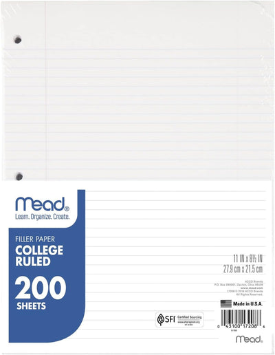 Loose Leaf Paper, Notebook Paper, College Ruled Filler Paper, Standard, 8.5 X 11, 200 Sheets (17208), White