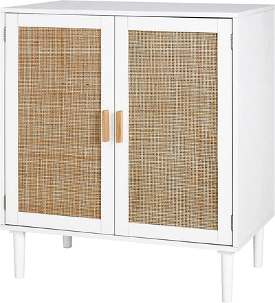 Sideboard Buffet Storage Liquor Cabinet with Rattan Decorated Doors, Kitchen, Dining Room, Hallway, Cupboard Console Table, Accent Cabinet, 31.5X 15.8X 34.6 Inches, White