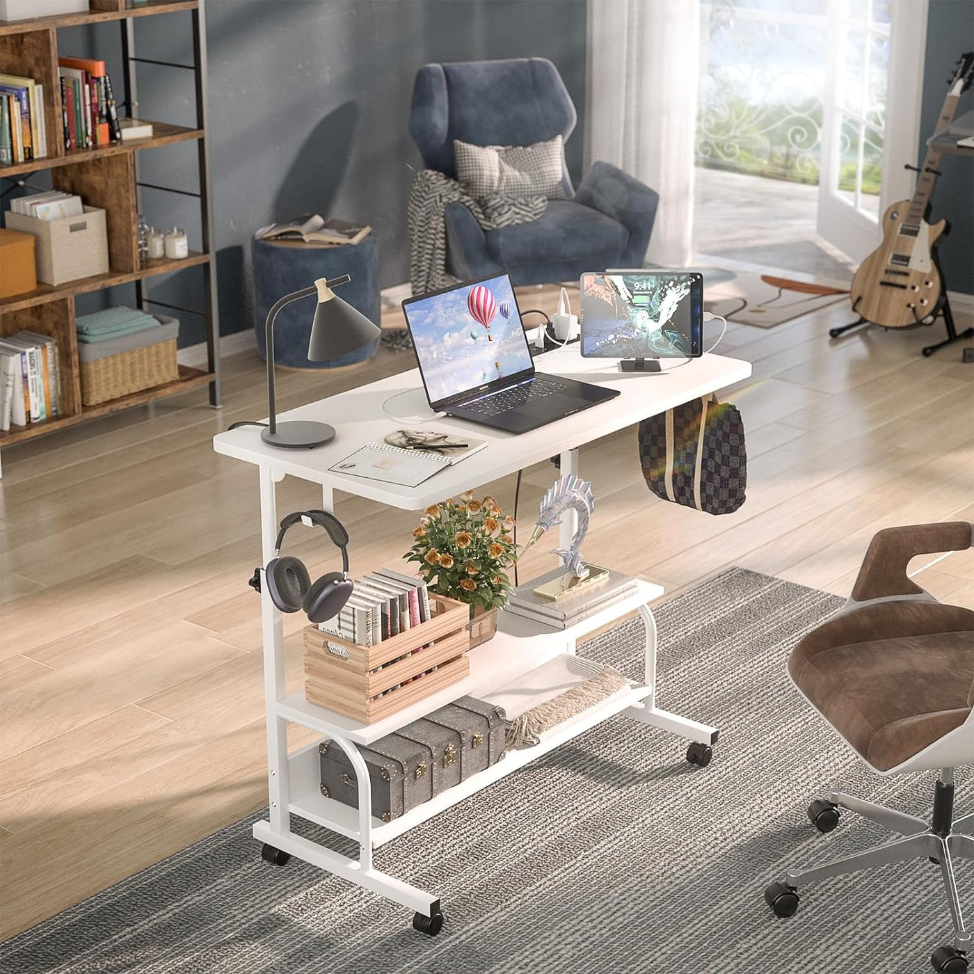 Height Adjustable Standing Desk with Power Outlets, 32" Manual Stand up Desk with Storage Shelves Small Mobile Rolling Computer Desk Portable Laptop Table with Wheels for Home Office, White